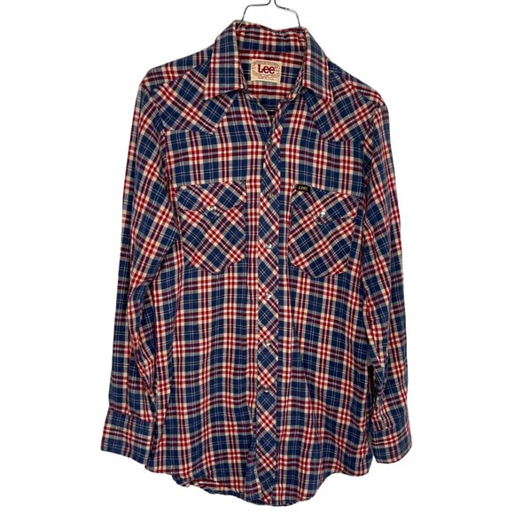 Vintage 80s Lee Pearl Snap Western Rodeo Shirt Extra Long Flannel Size M - Picture 1 of 10